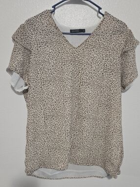 Mikarose Beige Leopard Print V-Neck Flutter Sleeve Blouse